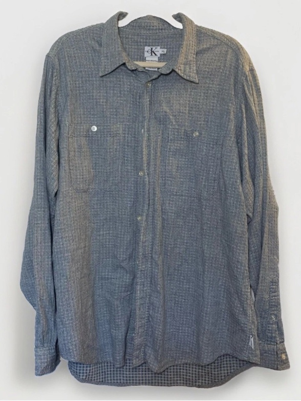 Calvin Klein Men's XL Shirt Blue Cotton Button-Up Pockets Waffle Knit Textured